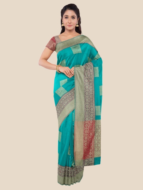 

KLM Fashion Mall Teal & Red Zari Silk Blend Banarasi Saree