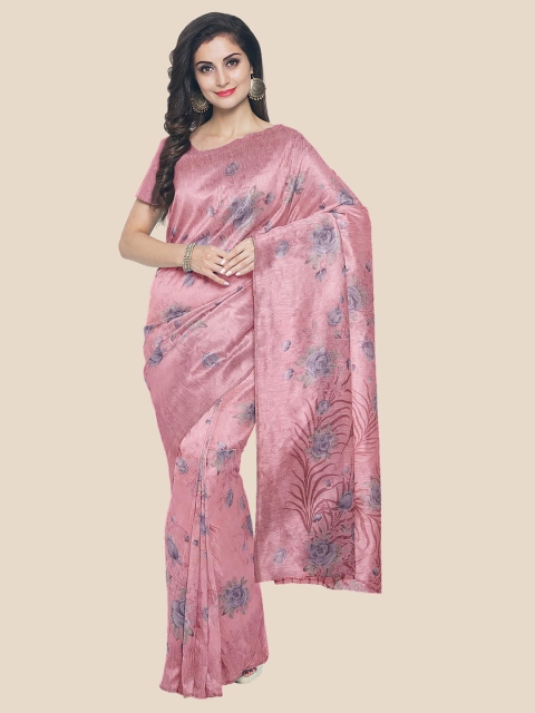 

KLM Fashion Mall Pink Floral Printed Poly Georgette Saree