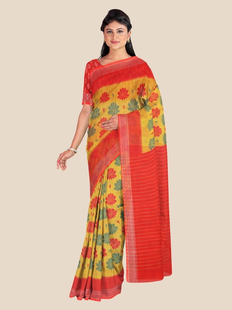 

KLM Fashion Mall Yellow & Red Floral Linen Blend Ikat Saree