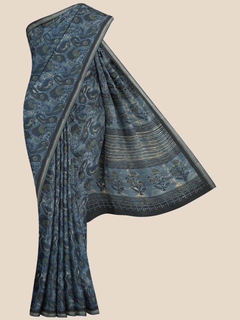 

KLM Fashion Mall Navy Blue & Black Paisley Linen Blend Saree