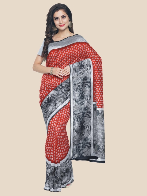 

KLM Fashion Mall Red & Silver-Toned Floral Zari Silk Blend Banarasi Saree