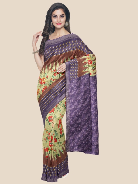 

KLM Fashion Mall Cream-Coloured & Purple Floral Linen Blend Saree