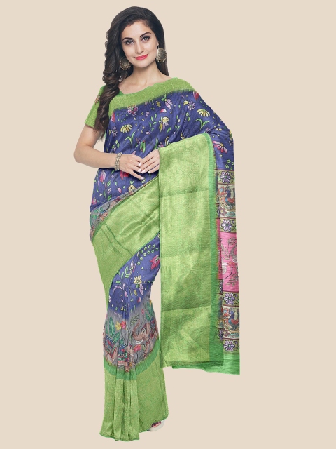

KLM Fashion Mall Navy Blue & Green Kalamkari Zari Silk Blend Banarasi Saree