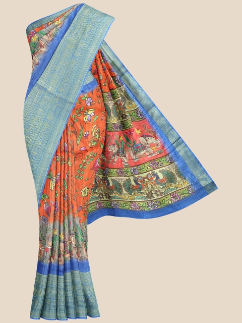 

KLM Fashion Mall Orange & Blue Kalamkari Silk Blend Banarasi Saree
