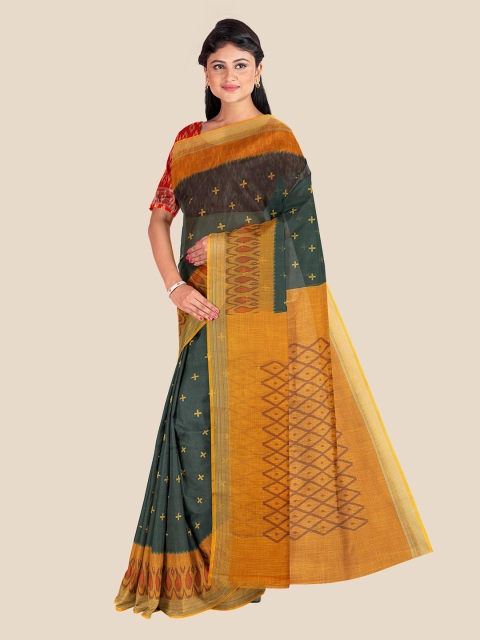 

KLM Fashion Mall Women Black & Orange Linen Blend Ikkat Print Saree