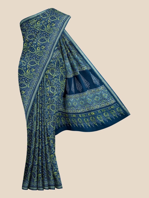 

KLM Fashion Mall Blue & Green Ethnic Motifs Linen Blend Saree