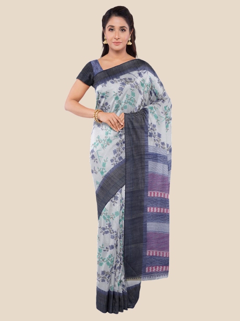 

KLM Fashion Mall White & Navy Blue Floral Silk Blend Saree