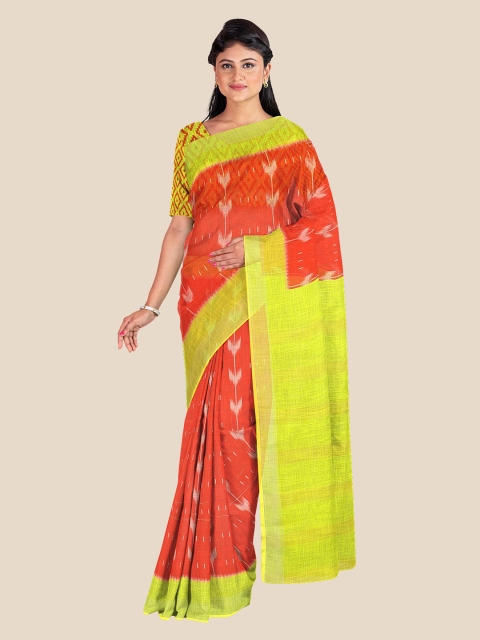 

KLM Fashion Mall Red & Lime Green Floral Linen Blend Ikat Saree
