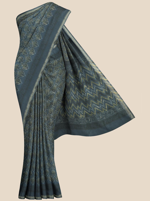 

KLM Fashion Mall Women Navy Blue Linen Blend Ethnic Motifs Printed Saree