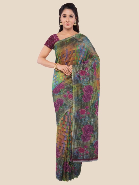 

KLM Fashion Mall Orange Purple Floral Printed Poly Georgette Saree