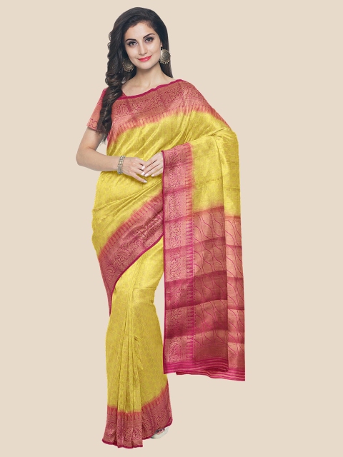 

KLM Fashion Mall Yellow & Pink Ethnic Motifs Zari Silk Blend Banarasi Saree