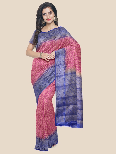 

KLM Fashion Mall Pink & Blue Woven Design Zari Silk Blend Banarasi Saree