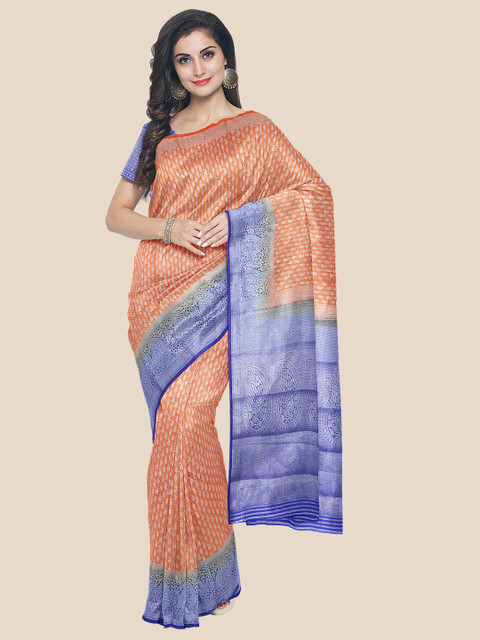 

KLM Fashion Mall Orange & Blue Zari Silk Blend Banarasi Saree