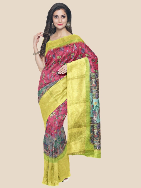 

KLM Fashion Mall Pink & Green Kalamkari Zari Silk Blend Banarasi Saree