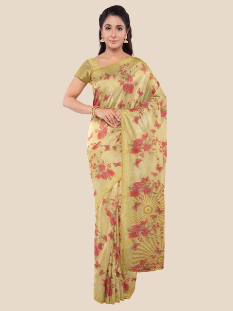 

KLM Fashion Mall Women Yellow Floral Printed Poly Georgette Saree