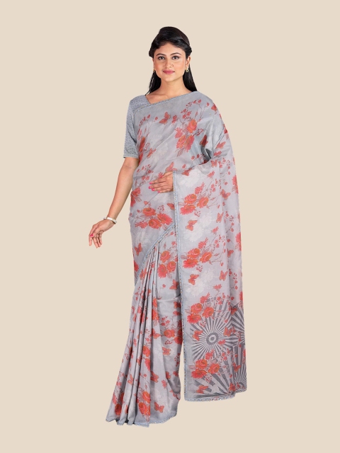 

KLM Fashion Mall Grey & Red Floral Saree