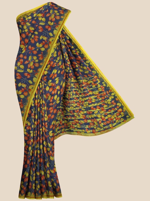 

KLM Fashion Mall Yellow & Navy Blue Floral Saree