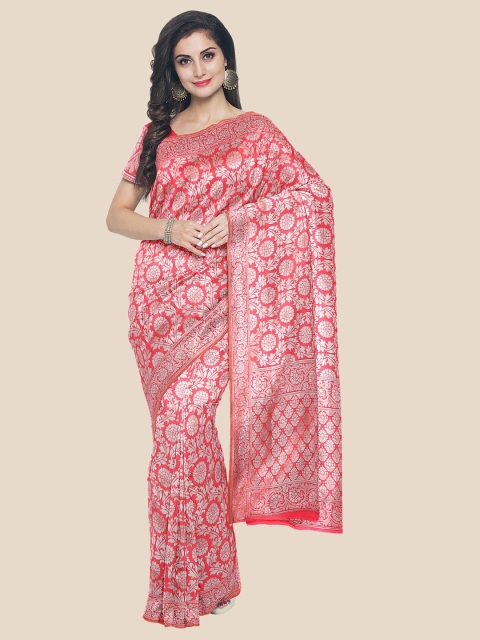 

KLM Fashion Mall Pink & Silver-Toned Floral Silk Blend Banarasi Saree