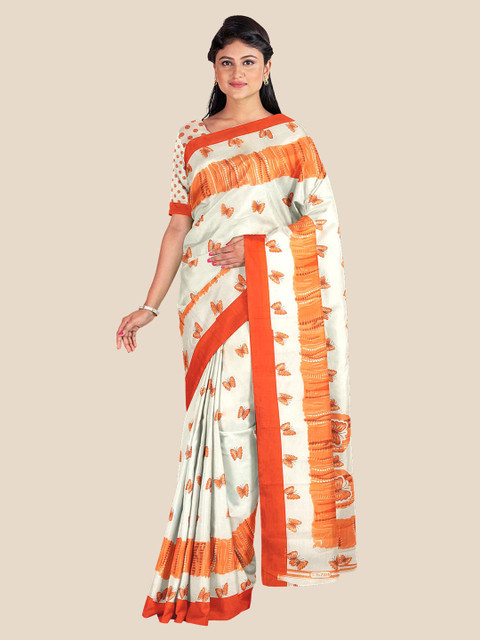 

KLM Fashion Mall White & Orange Abstract Printed Saree