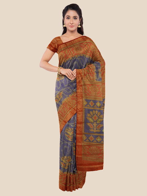 

Kalamandir Navy Blue & Orange Floral Brasso Banarasi Saree