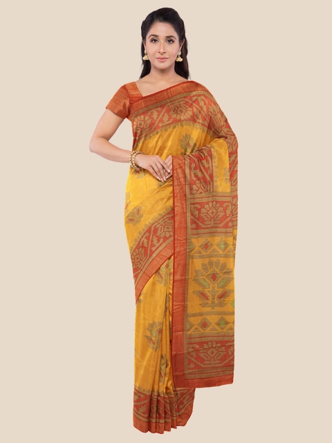 

Kalamandir Women Mustard & Red Floral Woven Design Brasso Saree