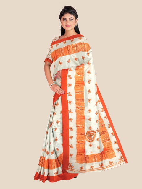 

Kalamandir White & Orange Butter fly Printed Pure Crepe Saree