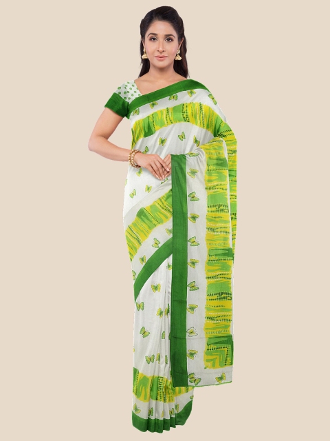 

Kalamandir White & Green Ethnic Motifs Printed Pure Crepe Saree