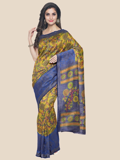 

Kalamandir Mustard & Blue Kalamkari Saree