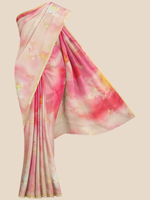 

Kalamandir Women Cream & Pink Silk Blend Sequinned Embellished Saree