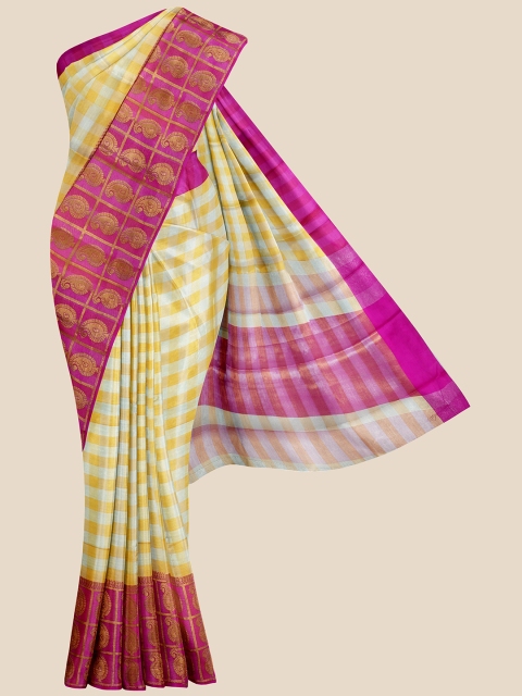 

Kalamandir Cream-Coloured & Pink Checked Silk Blend Saree
