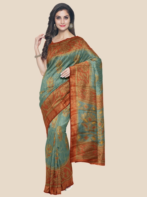 

Kalamandir Teal & Rust Floral Printed Zari Saree