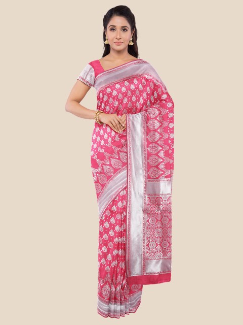 

Kalamandir Women Pink & Silver-toned Silk Blend Woven Design Banarasi Saree