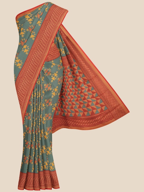 

Kalamandir Teal & Brown Geometric Printed Saree