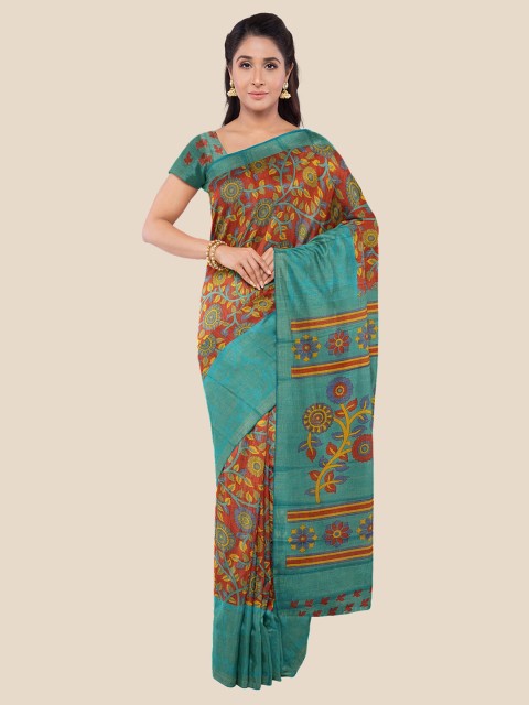 

Kalamandir Red & Teal Blue Floral Saree