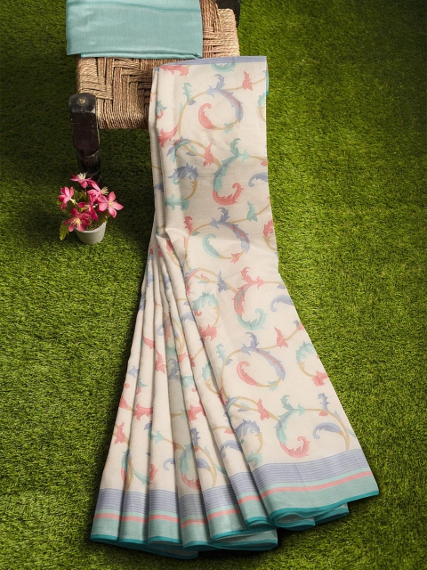 

Kalamandir Cream-Coloured & Blue Floral Printed Saree