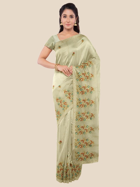 

Kalamandir Cream-Coloured & Green Floral Embroidrerd Beads and Stones Saree