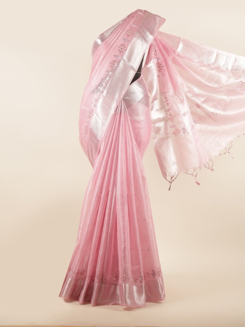 

Pothys Pink & Silver-Toned Embellished Zari Jute Cotton Saree