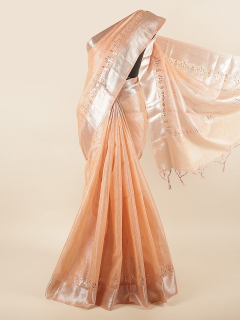 

Pothys Peach-Coloured & Silver-Toned Striped Mirror Work Jute Cotton Saree