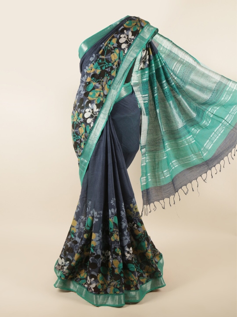 

Pothys Navy Blue & Green Floral Linen Blend Saree