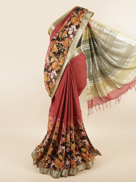 

Pothys Maroon & Brown Floral Printed Zari Linen Blend Saree