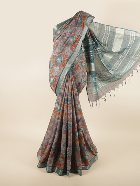 

Pothys Grey & Green Floral Zari Linen Blend Saree