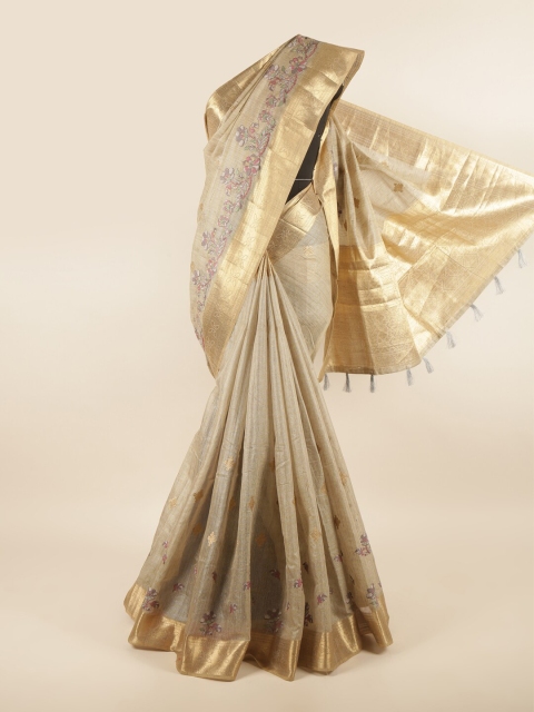 

Pothys Brown & Gold-Coloured Ethnic Motifs Embroidered Jute Cotton Saree