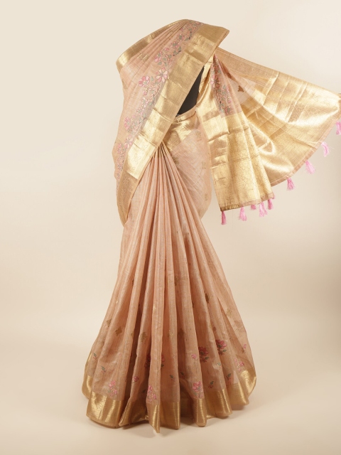 

Pothys Peach-Coloured & Gold-Toned Floral Zari Jute Cotton Saree