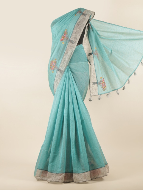 

Pothys Blue & Pink Floral Cotton Blend Zari Saree