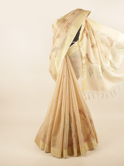 

Pothys Peach-Coloured & Brown Floral Printed Zari Jute Cotton Saree
