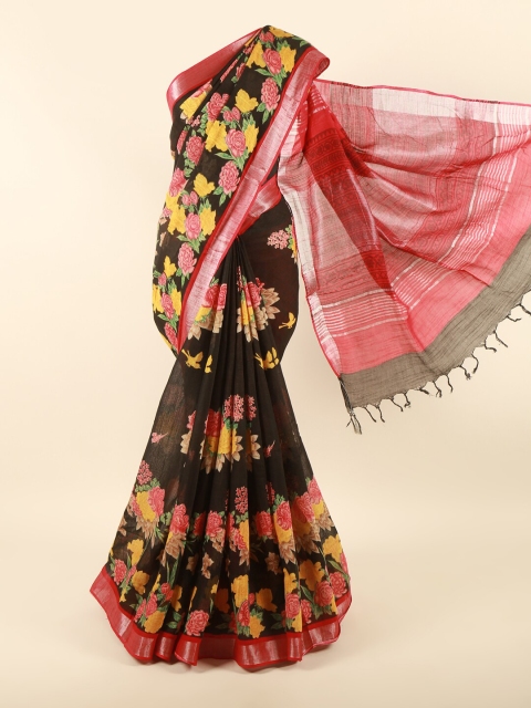

Pothys Black & Pink Floral Zari Linen Blend Saree