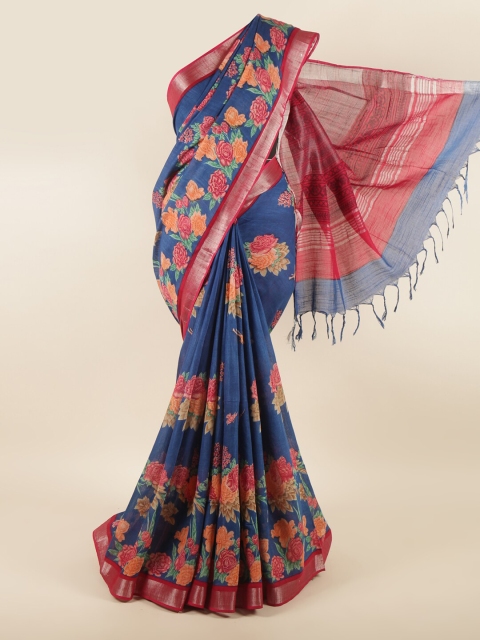 

Pothys Blue & Red Floral Zari Linen Blend Saree
