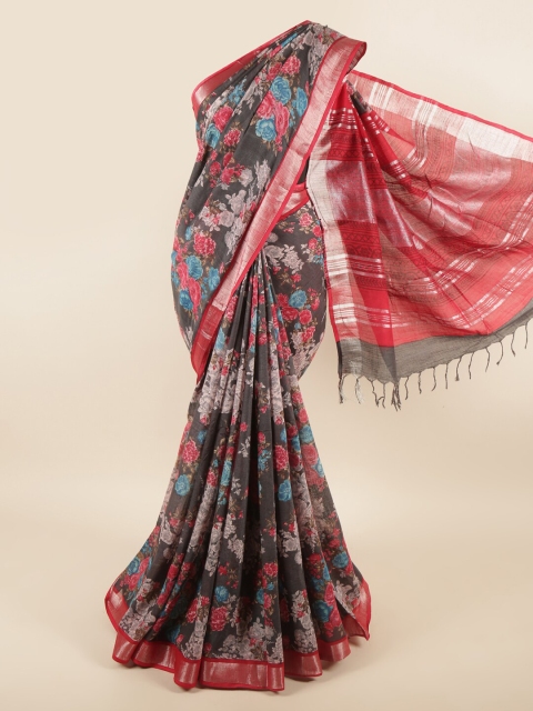 

Pothys Grey & Red Floral Printed Linen Blend Saree