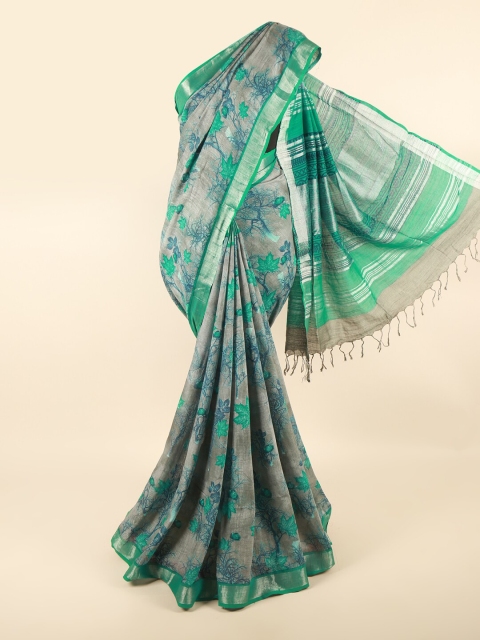 

Pothys Grey & Green Floral Zari Linen Blend Saree