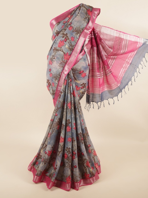 

Pothys Grey & Pink Floral Zari Linen Blend Saree